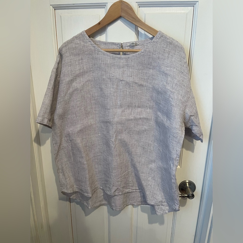 Eileen Fisher Organic Linen Brown and White Checkered Blouse M